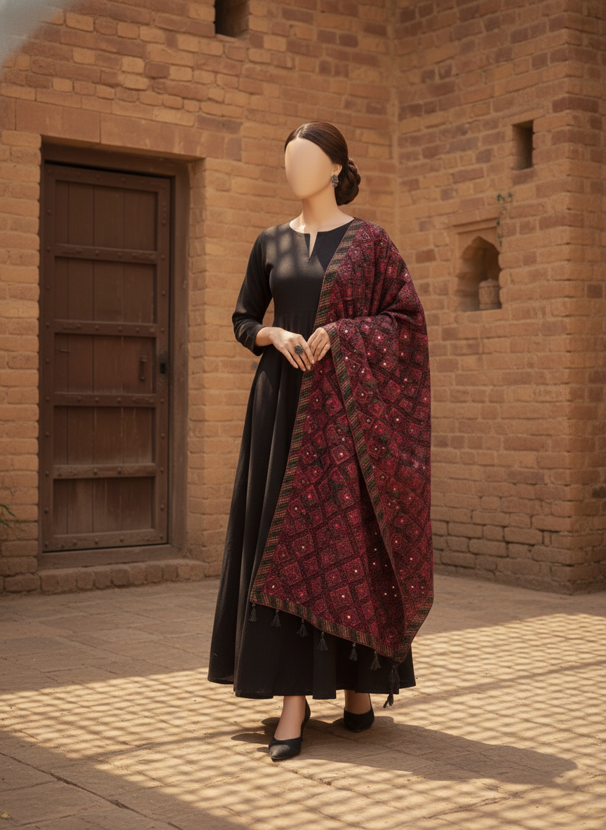 Sarinnah Premium D74-Luxury Formal Heavy Embroidered Karandi Shawl.