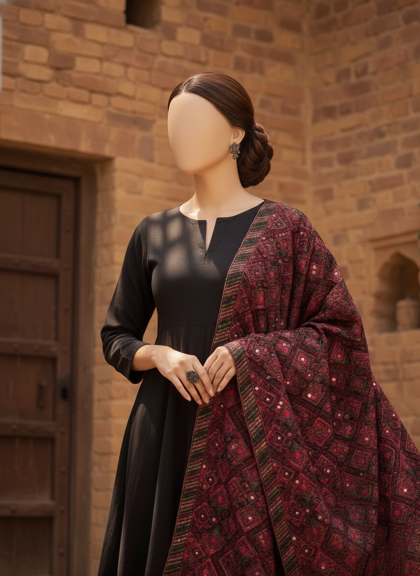 Sarinnah Premium D74-Luxury Formal Heavy Embroidered Karandi Shawl.