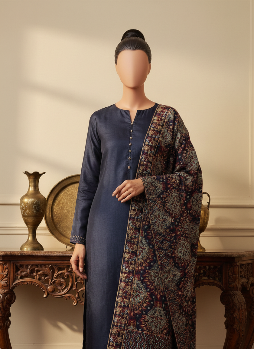 Beselle-Embroidered Karandi Navy Blue Shawl